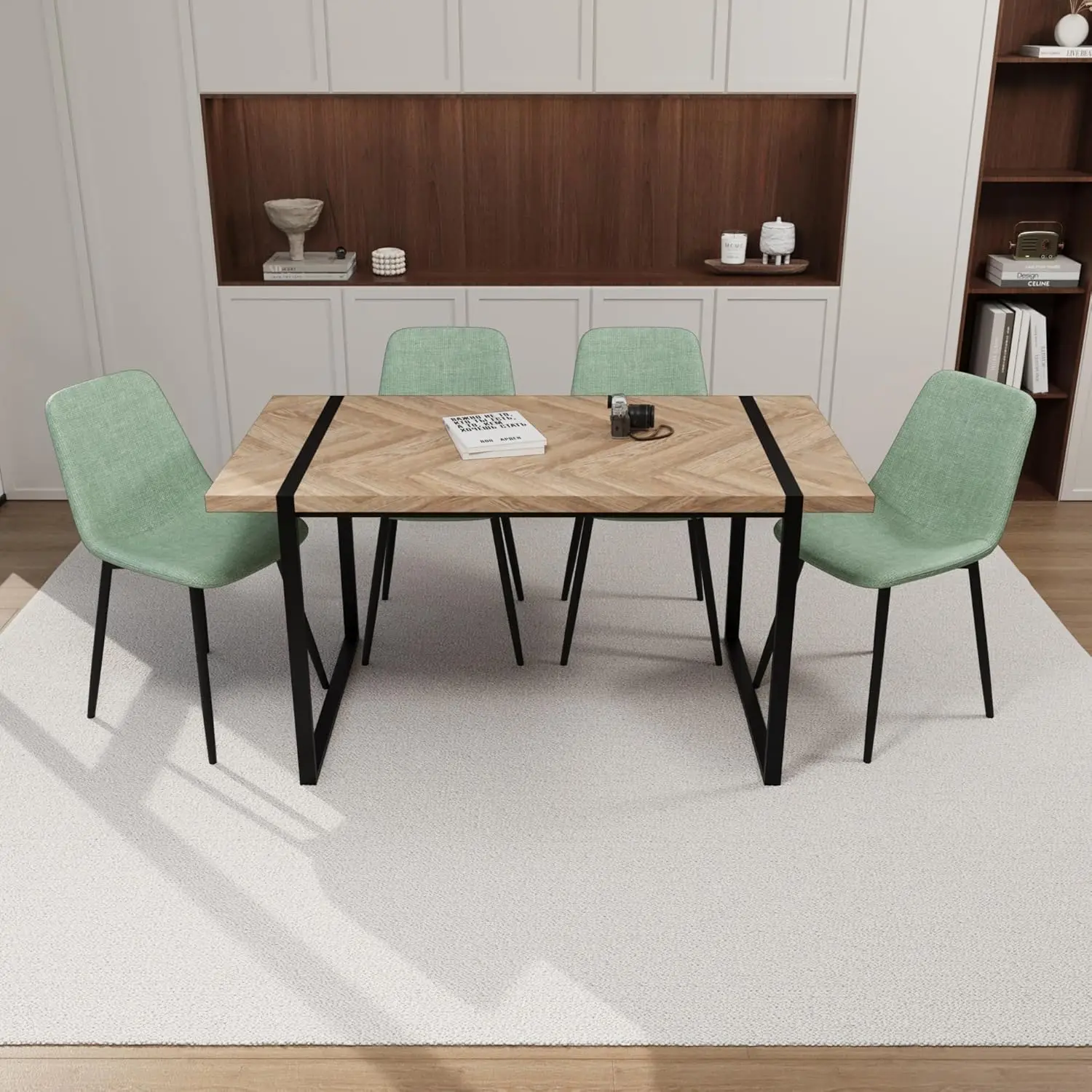 59"" Mdf Light Wood Dining Table Set, Modern Dining Chairs W/Suede Upholstery, Rectangular Metal Base, Farmhouse Kitchen