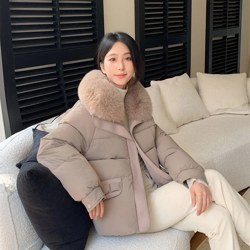 Nowa Zimowa Kurtka Puchowa z Bawełnianym Wypełnieniem Luźna Krótka Parka Damska Grube Ciepłe Kurtki z Dużym Futrzanym Kołnierzem i Klapami Casualowe Kurtki typu Bread