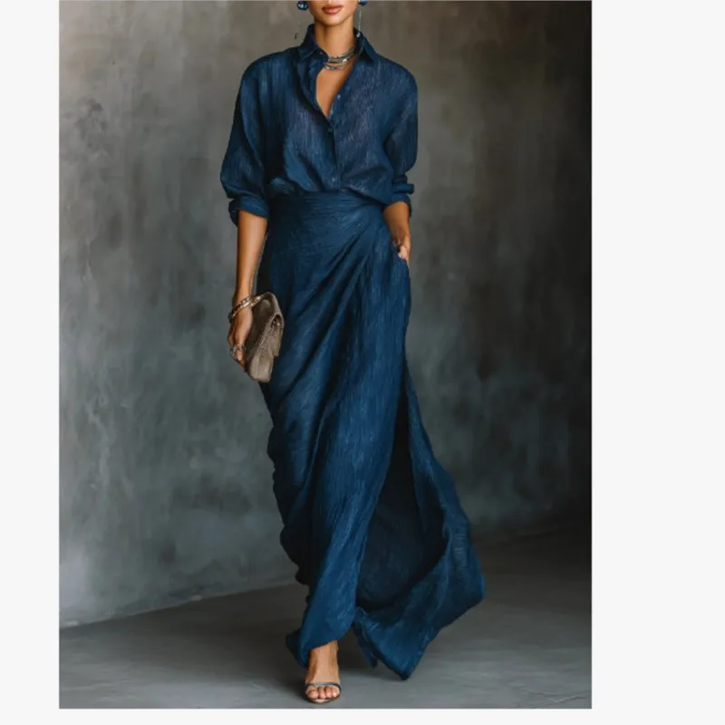 أنيقة مثير بلون واحدة الصدر طويلة الأكمام تي شيرت غير النظامية مطوي تنورة قطعتين مجموعة ربيع الخريف النساء الملابس #1