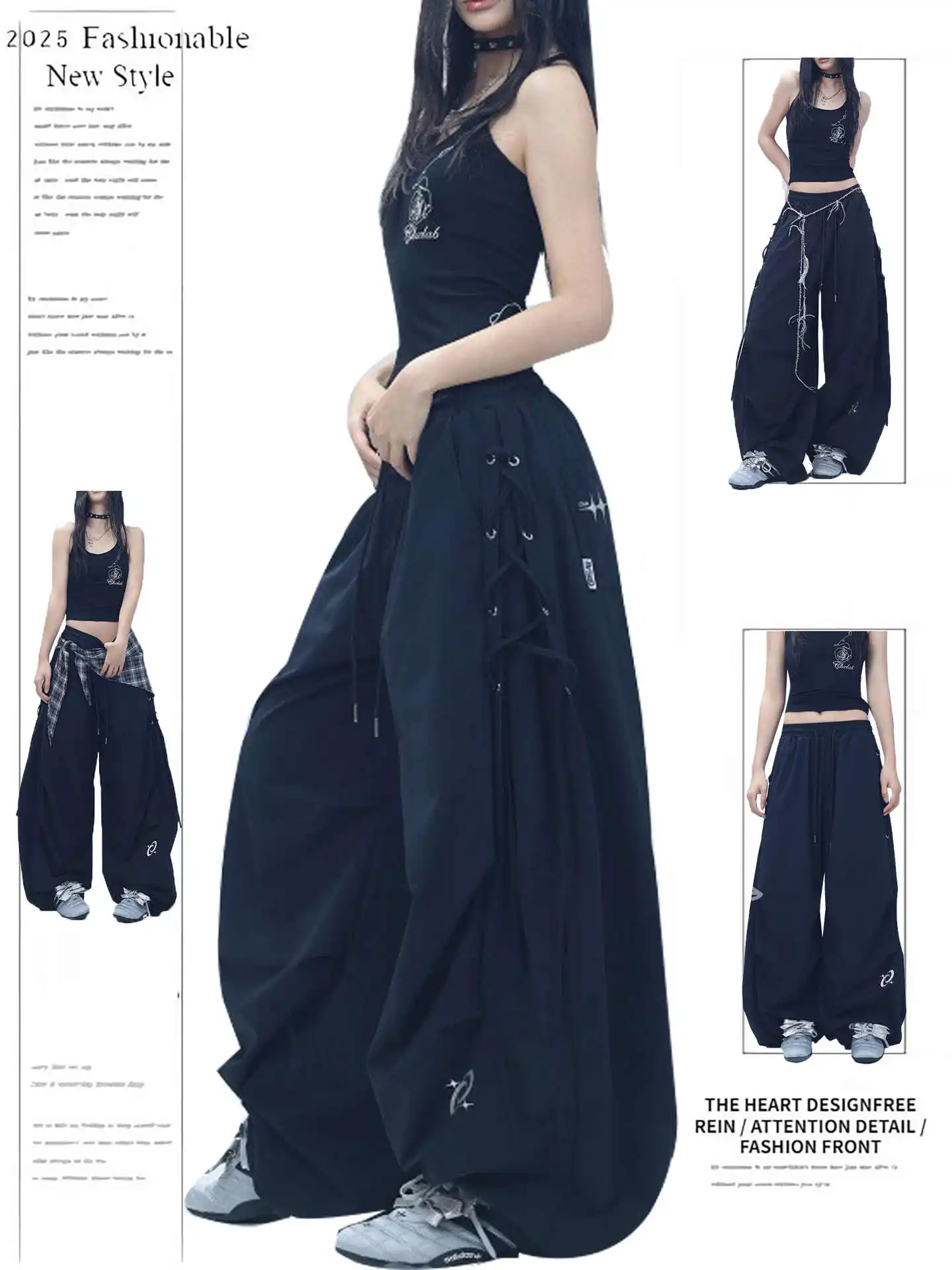 

Women's Black Goth Baggy Parachute Pants Oversize Jazz Dance Pants Harajuku Japanese 2000s Style Y2k Gyaru Vintage Trousers 2025