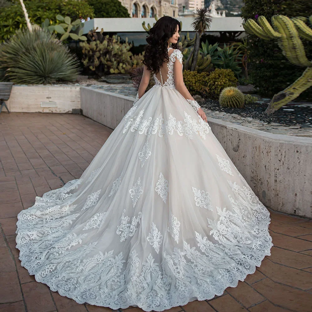 Vestido de novia personalizado con cuentas y lentejuelas, vestido de fiesta de princesa, bata de manga larga, vestido de novia con botones y cuello redondo