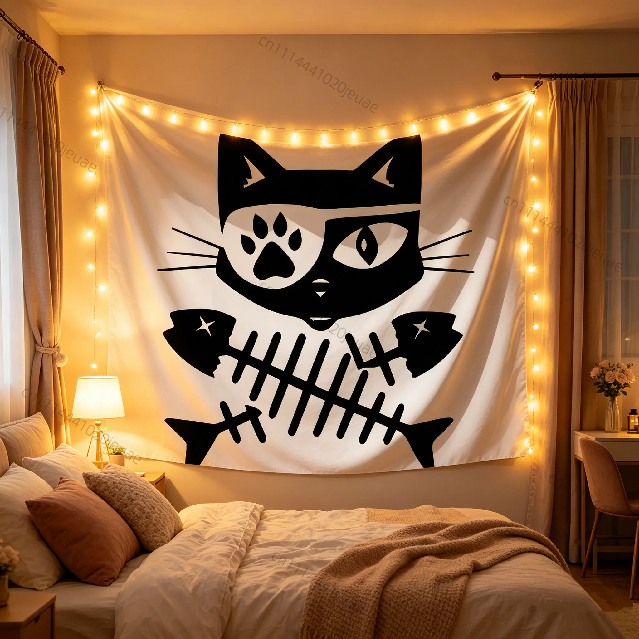 Unique Creative Cartoon Tapestry Pirate Cat Skull Flags Cute Wall Tapestries Living Room Bedroom Backdrop Cloth Party Art Banner