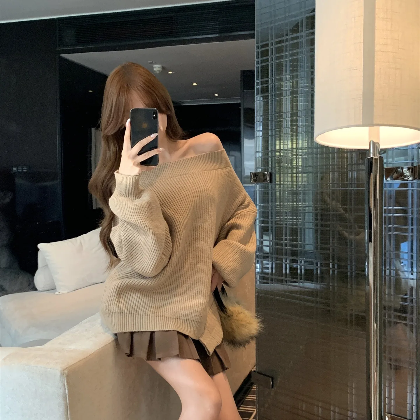 カーキ色の冬用羊毛セーター、アシンメトリーな肩、ルーズフィット、コーヒー色のプリーツスカートセット、女性用カジュアル、ツーピース...