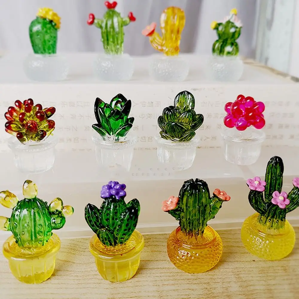 Transparent Fleshy Cactus Bonsai Decor Cartoon Realistic Mini Cactus Figurines Resin Crafts Simulated Cactus Desktop Ornament