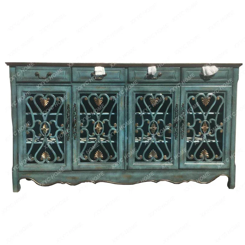 

European Style Mediterranean Retro Solid Wood Hollow Ultra-Thin Painted Sideboard Cabinet Hallway Partition Shoe Cabinet