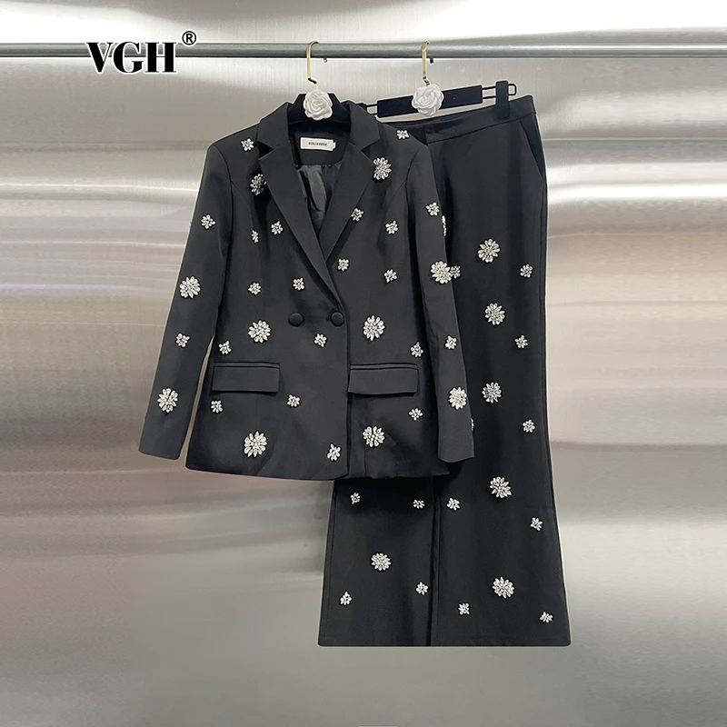 

VGH Patchwork Diamonds Flower Two Piece Set For Women Notched Collar Long Sleeve Blazer High Waist Flare Pant Chic Suits Female