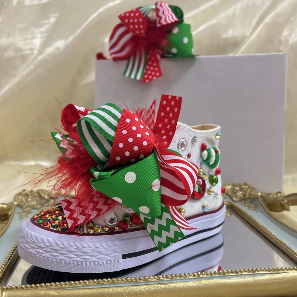 Dollbling Unique Christmas Gift Shoes X-max Tree Santa Claus Diamond Sparkle DIY Glitter Gold Beading Brand Canvas Shoes