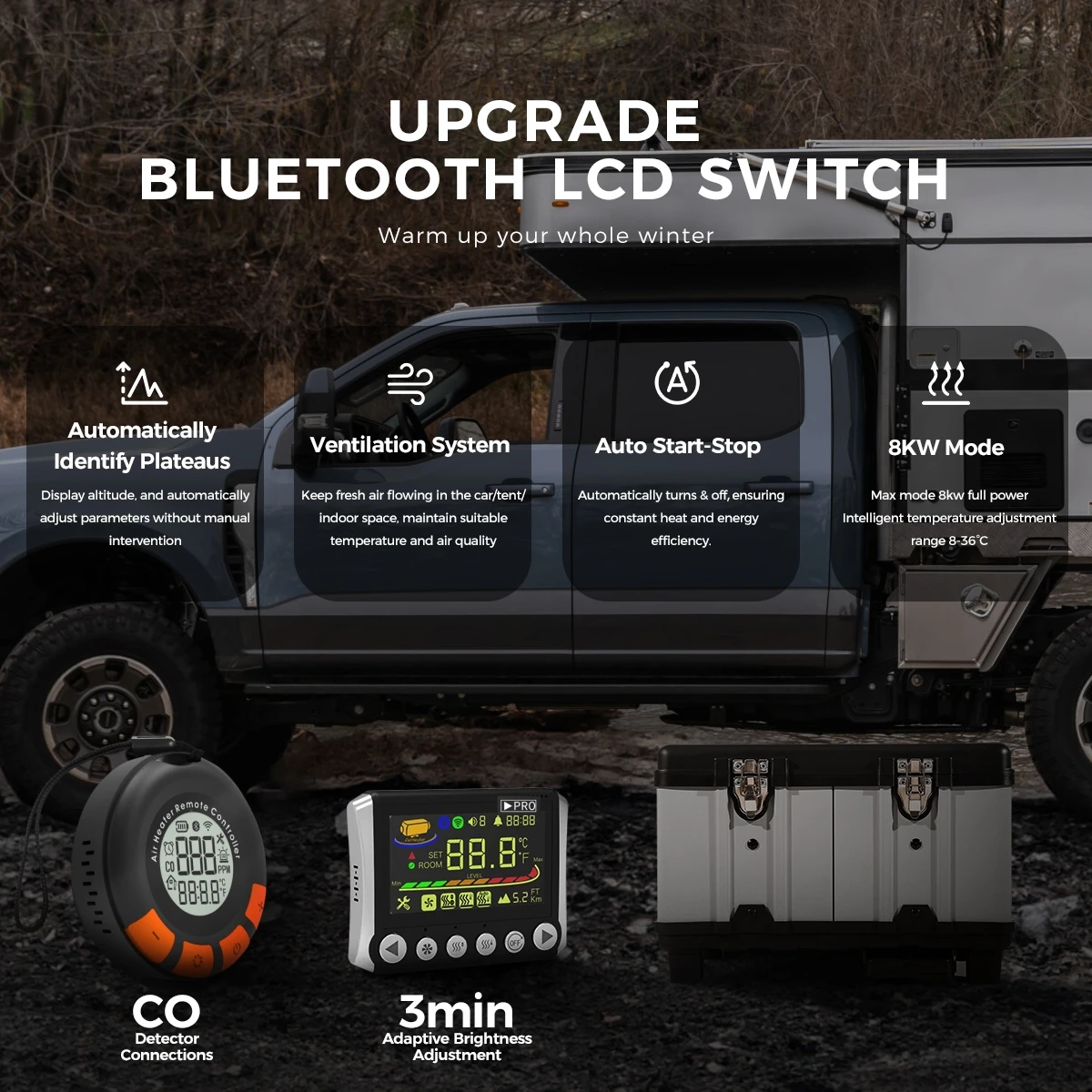 سخان هواء ديزل Sunster TB10pro 8KW 12 فولت/24 فولت/110-240 فولت مع لوحة تكييف ووضع تهوية وتوقيت 24 ساعة لتخييم RV