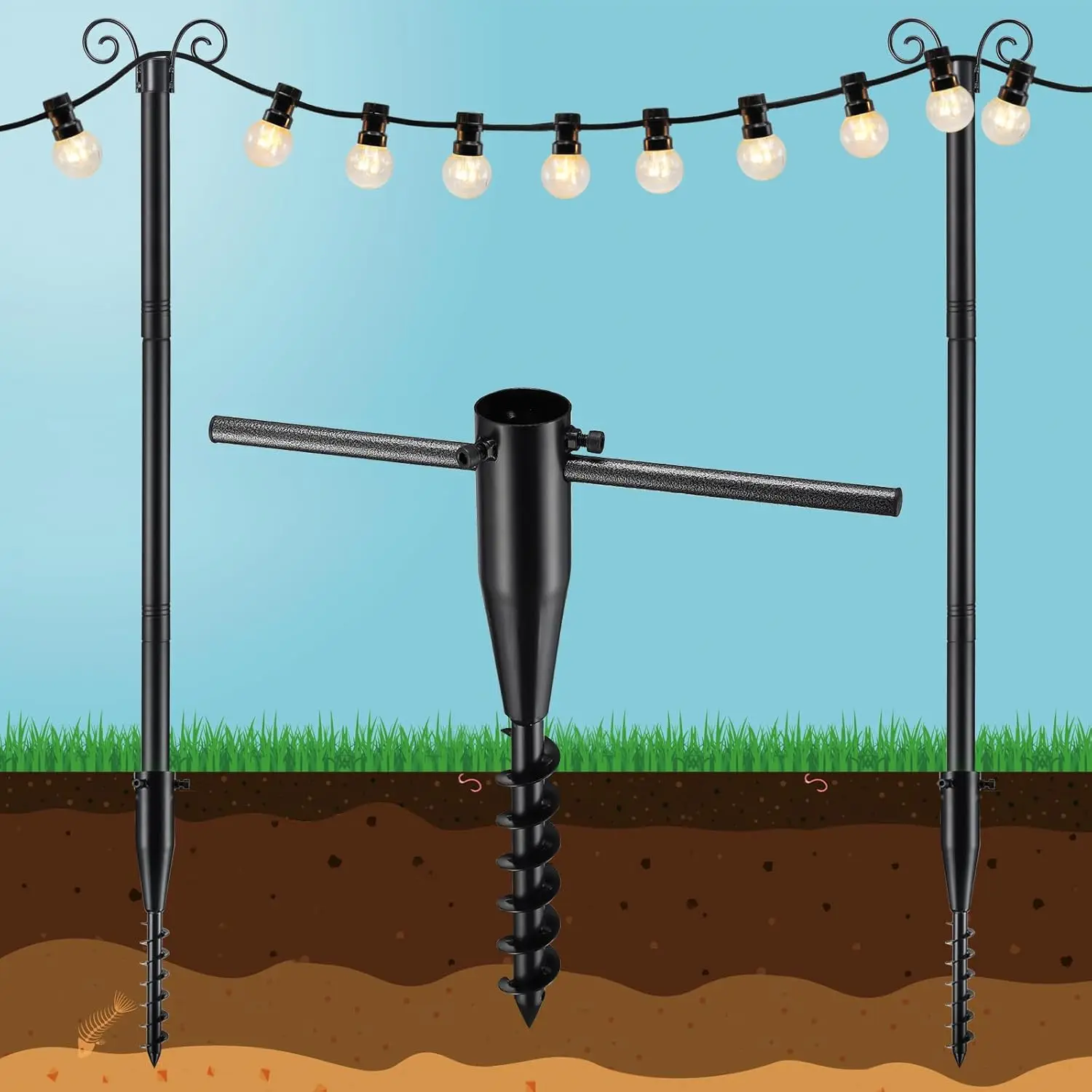 

10 FT Outdoor String Light Poles, 2 Pack Heavy Duty Metal Posts with Ground Anchor, Adjustable Garden Stands