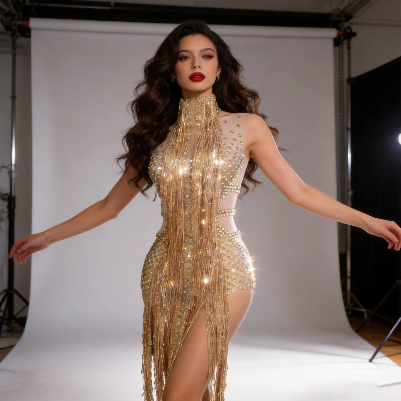 

Women's Sexy stage Performance Shiny Gold Crystal Tassel Dress Elegant Prom Gown Evening Club Birthday Party Dance Stage Outfit