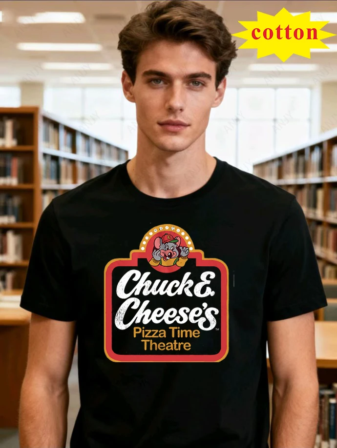 Chuck E. Cheese's Retro Pizza Theater Short Sleeve American Nostalgic Cartoon Pure Cotton T-shirt for Men and Women