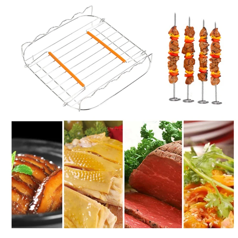 Stainless Steel AirFryer Grill Rack 8 Inch Versatile Square Roasting Grill with Skewers Baking Tray AirFryers Holder image 4