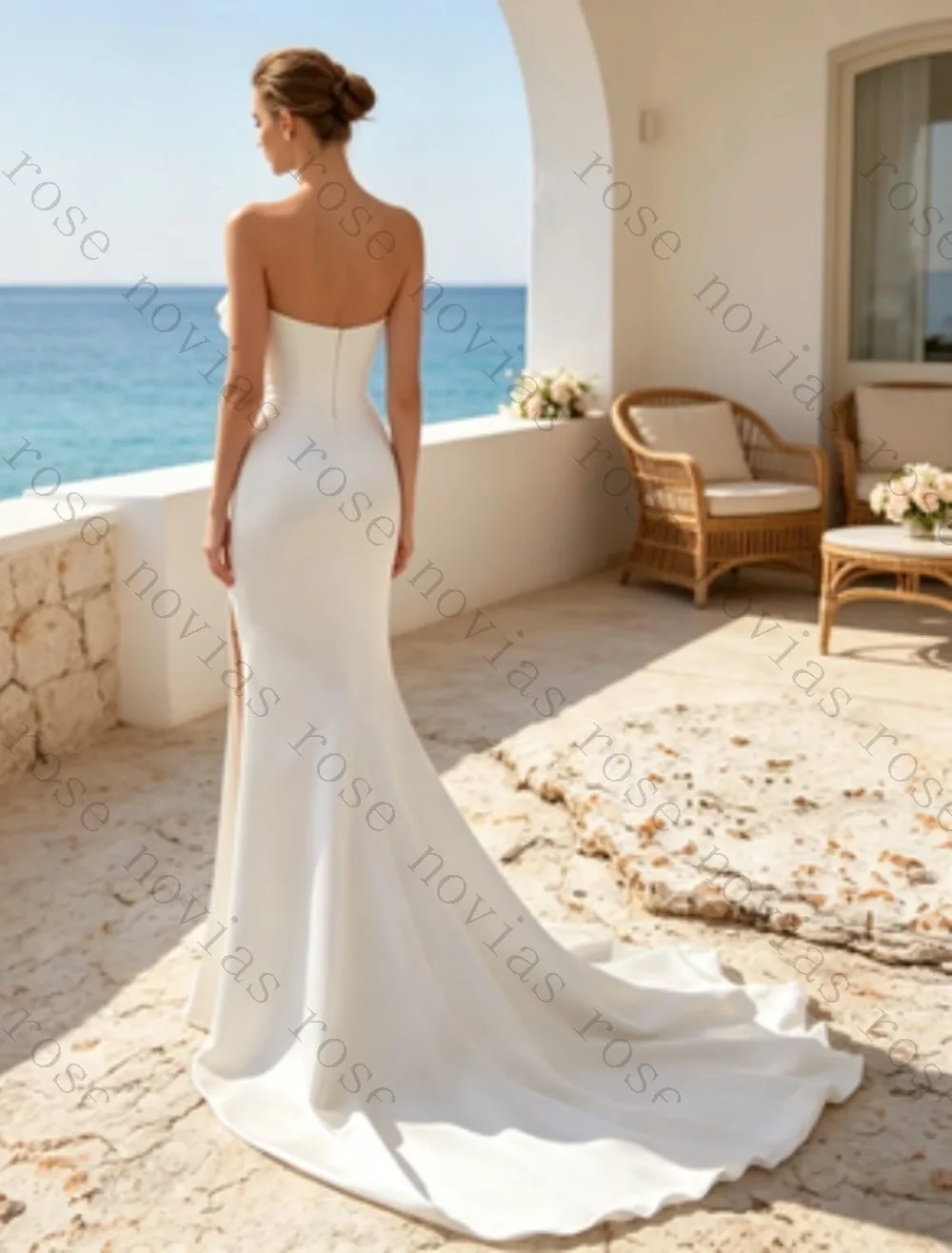 Customized Off Shoulder Ruffled Satin Mermaid Wedding Dress High Side Slit Corset Fitted Sweep Train Beach Bridal Gown Wedding