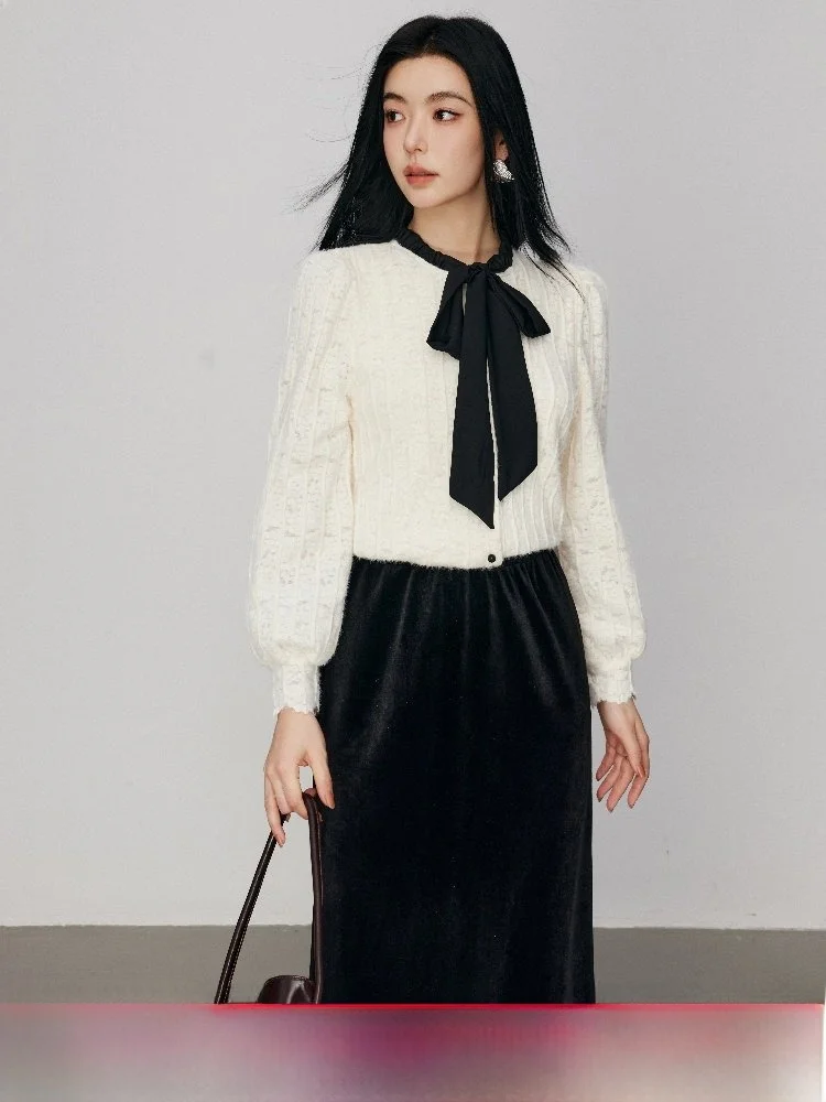 

Faionable Knot Lace irt Spring 2024 New Sle Women's Slim Fit irt V-Ne Long Sve Polyester Blend