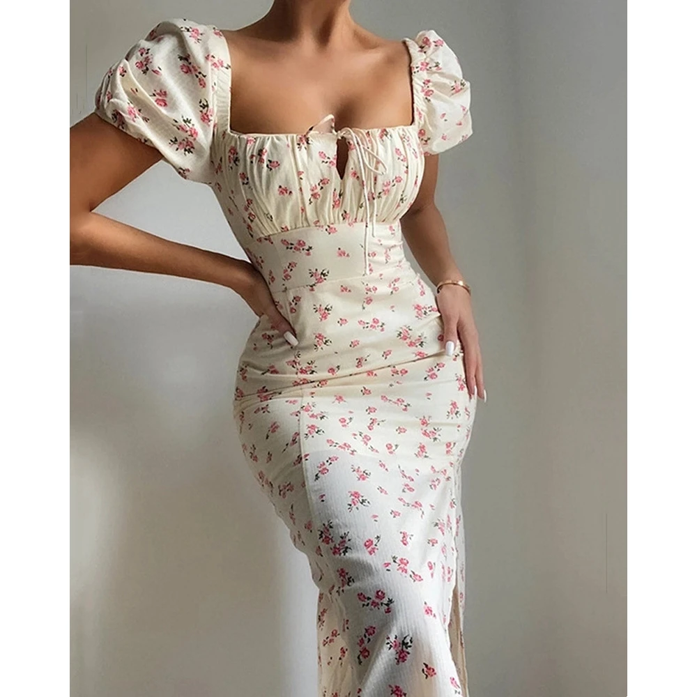 

2024 Fashion Women Summer Floral Print Tied Detail Midi Dress Femme Short Puff Sleeve Slit Dress Robe Casual Clothing traf