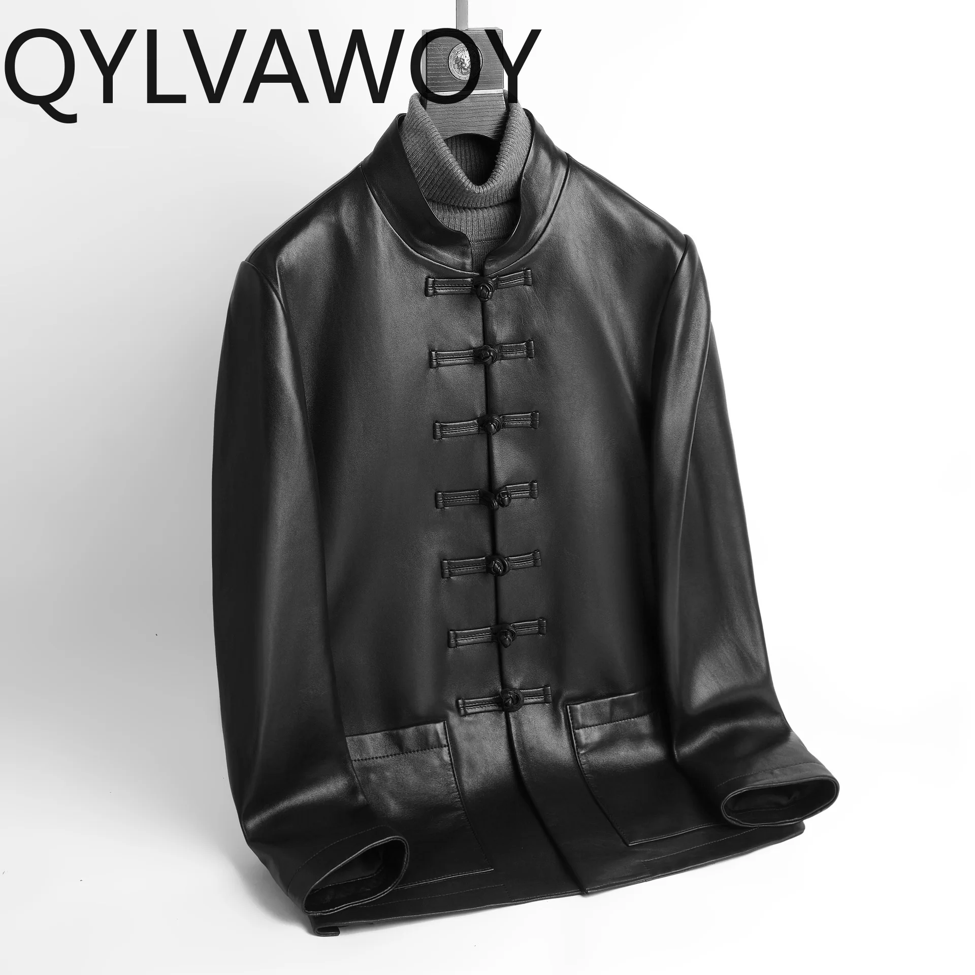 QYLVAWOY 탑 레이어 양피 가죽 자켓 남자 스탠드 칼라 정품 가죽 코트 남성용 가죽 자켓 Tang Suit jaquetas