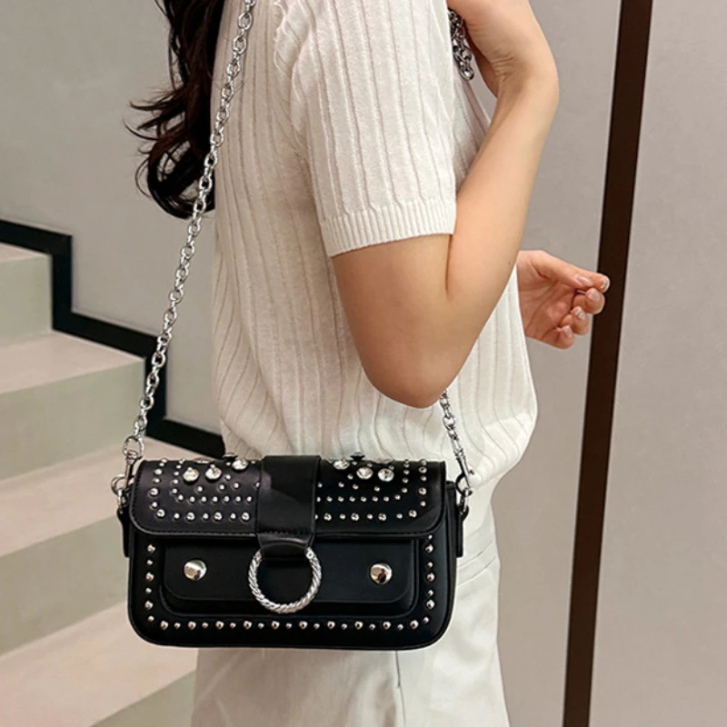 

Metal Studed Chain Crossbody Shoulder Bag,Rivet Flap Women Sling Bag,Magnetic Snap Closure,Fashion Commuter Everyday Purse