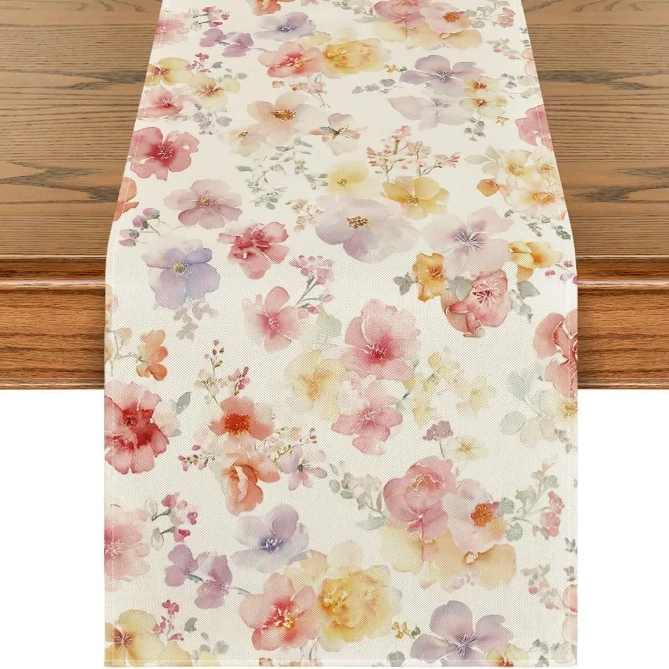 Daisy Table Runner Sage Green Leaf Linen Tablecloth White Flower Botanical Print Summer Farmhouse Kitchen Dining Party Decor
