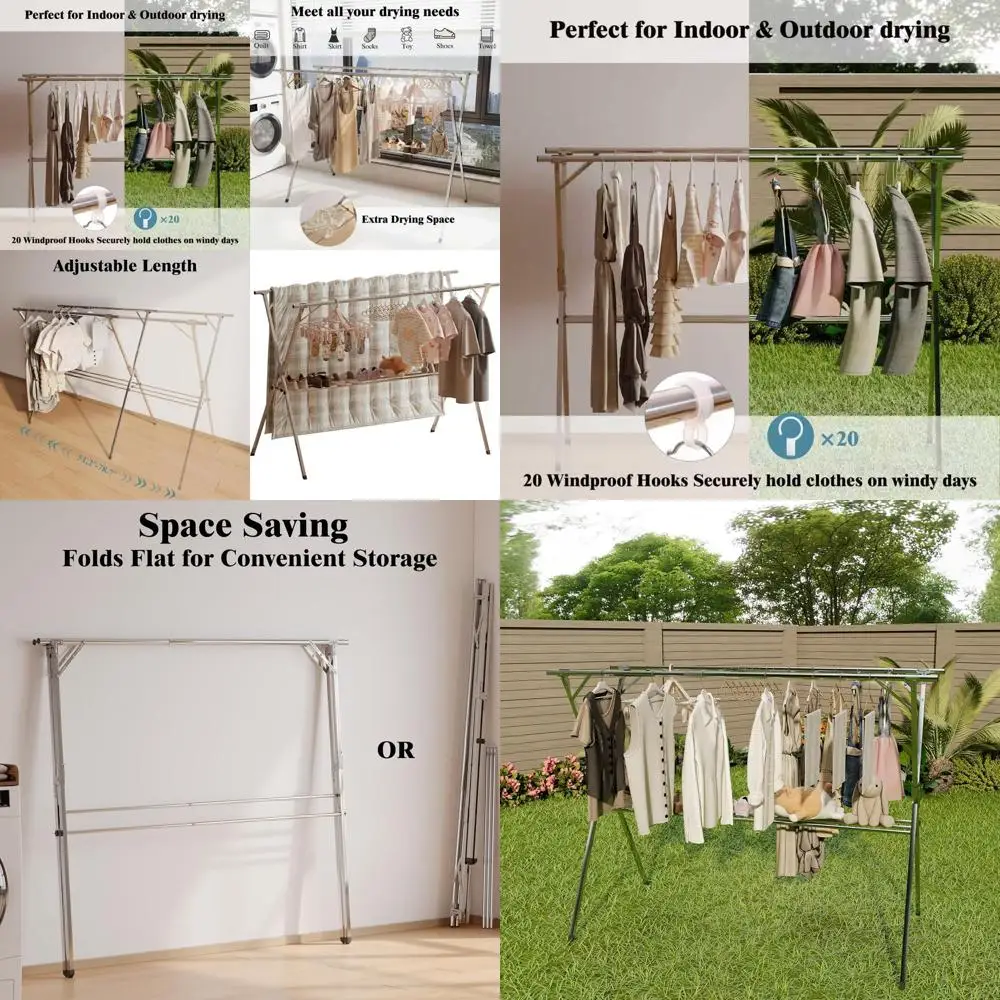 

Сверхмощная складная сушилка для одежды для улицы с крючками и регулируемой длиной (51,2-78,7 дюймов)