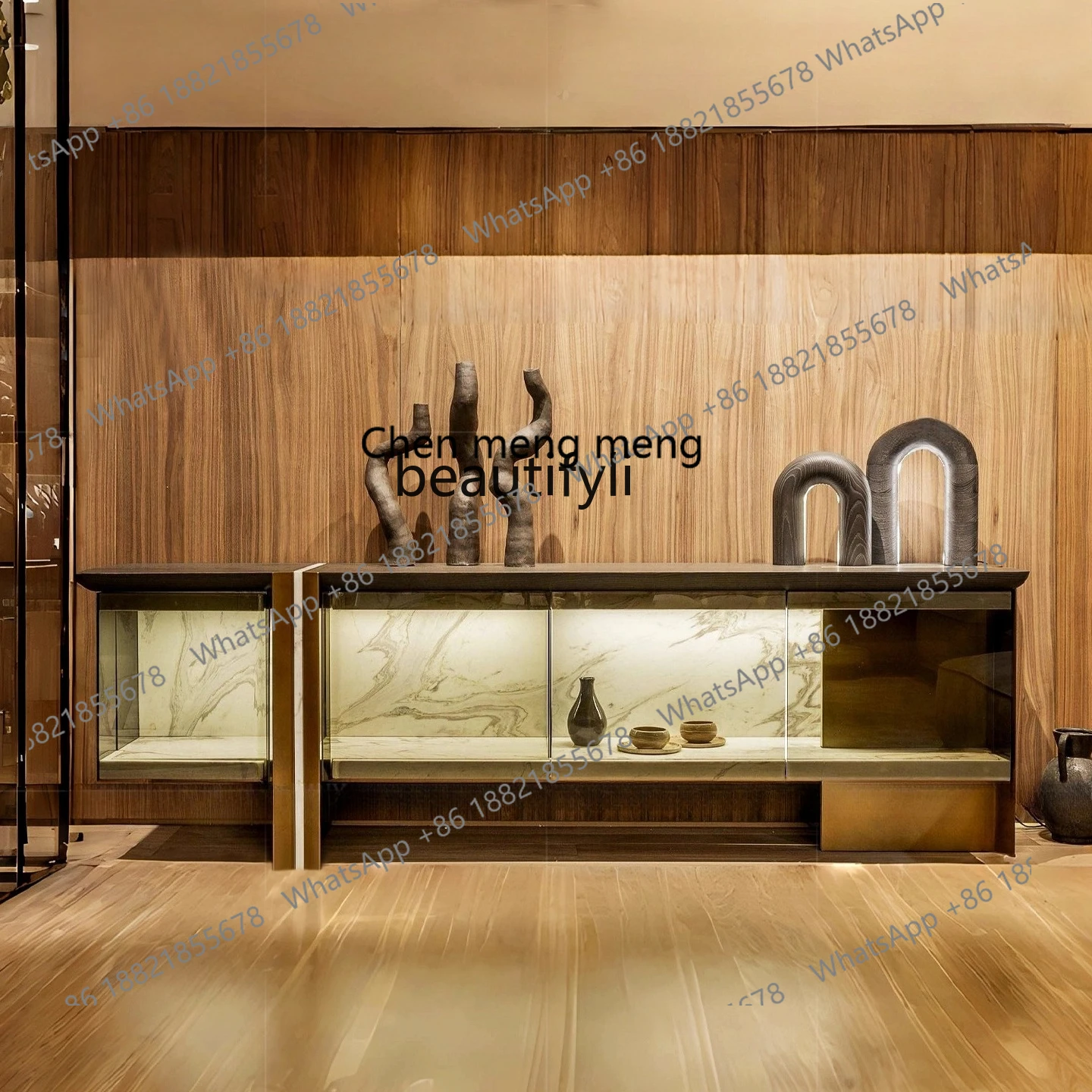 X  Light luxury glass dining side cabinet, living room against the wall, high-end sense, villa marble display locker