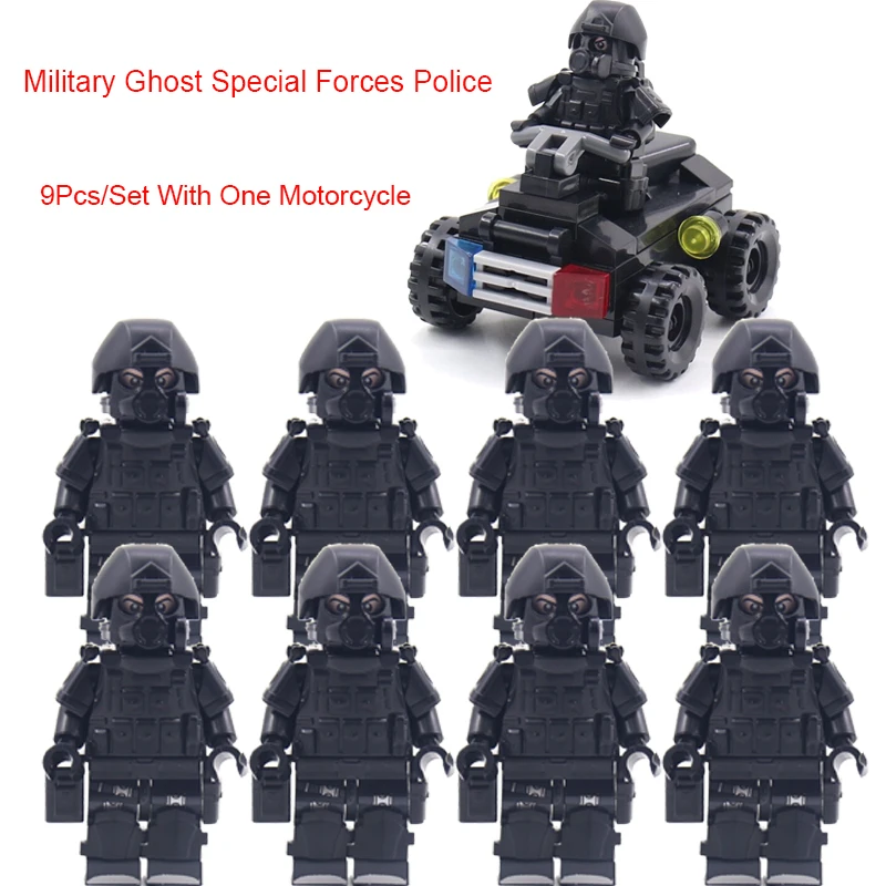 

9Pcs Military Ghost Special Forces Police With One Motorcycle Building Blocks Toy for Children Christmas Halloween Birthday Gift