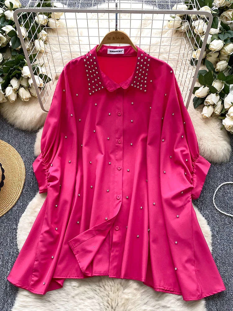 Bohemian Style Diamond Encrusted Jacket Women's Summer Heavy Industry Single Breasted Shirt Chic Batwing Sleeve Loose Tops