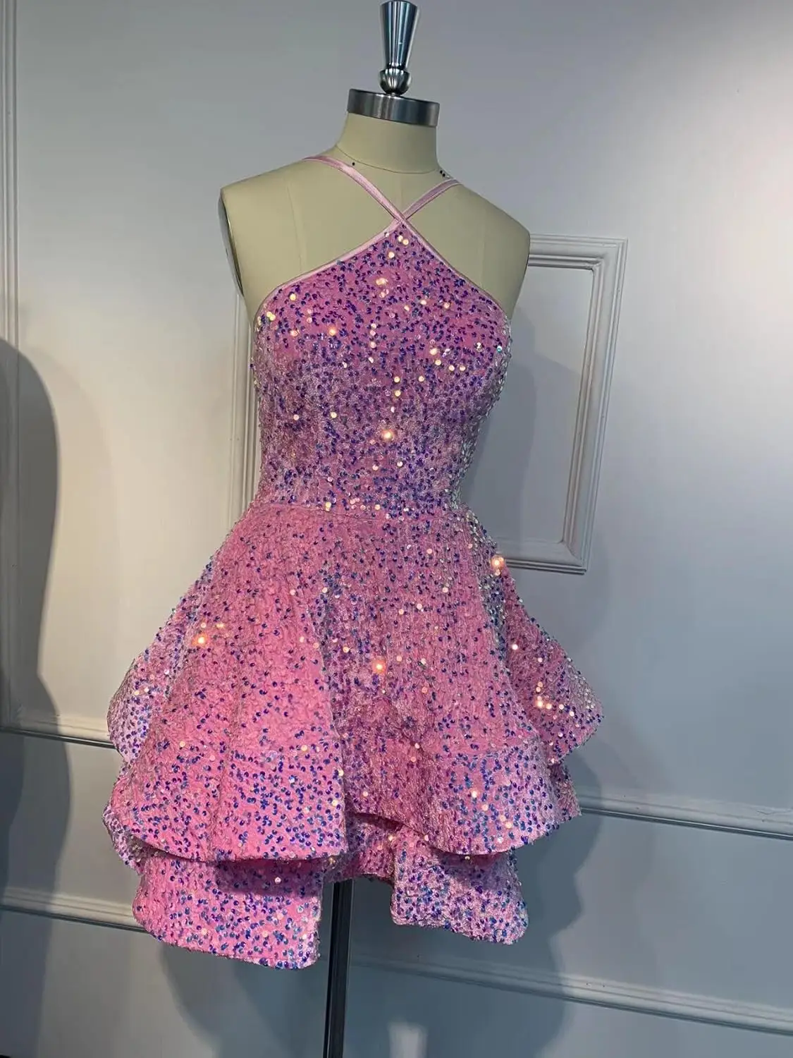 Vestidos de baile de lantejoulas em camadas, alça espaguete, curto, brilhante, vestido de baile para adolescentes, linha, vestido de coquetel, vestidos de coquetel