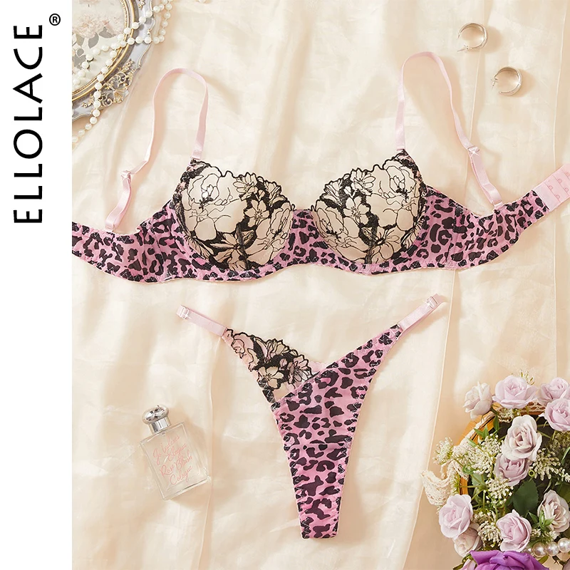 Ellolace Seductive Women's Lingerie Sets Wild Leopard Bra Thong 2PC Pink Romantic Patchwork Intimates Elegant Women's Underwear