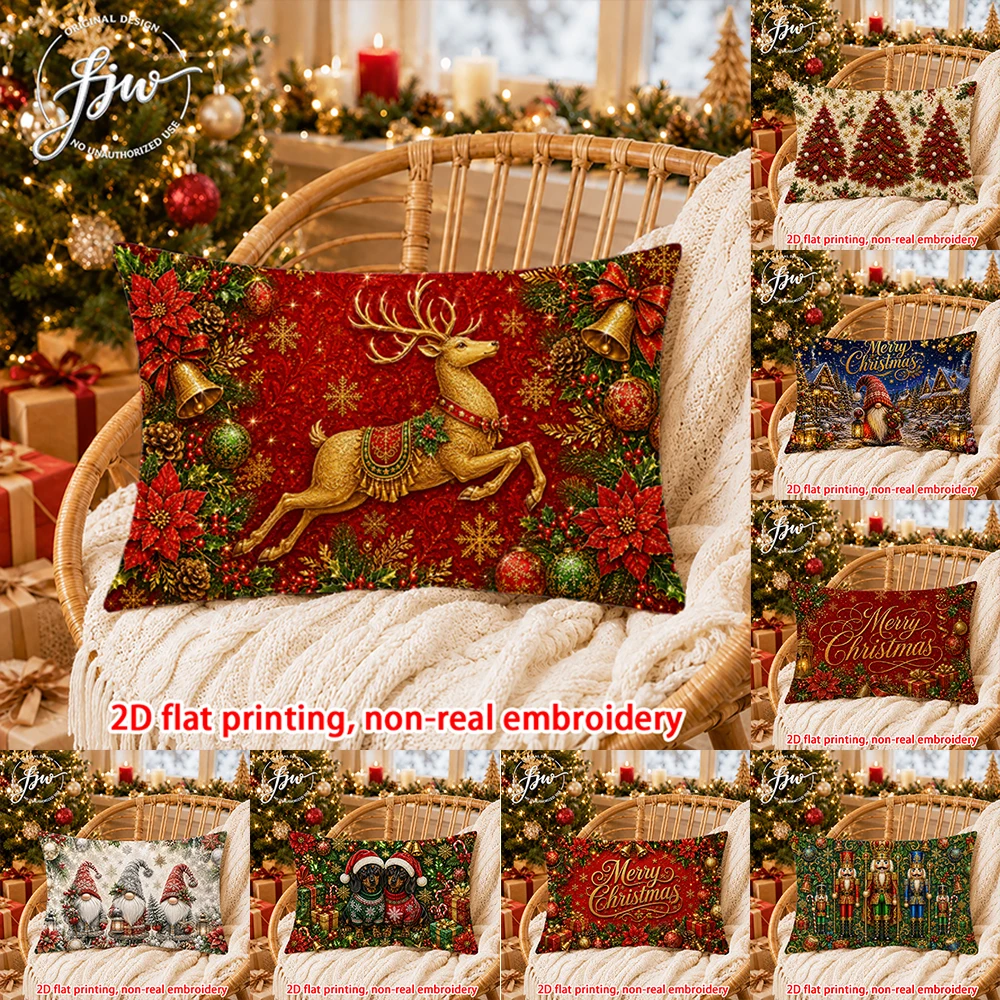 1pc Christmas Throw Pillow Covers Winter Holiday Decorative Cushion Cases for Sofa Bed Couch Xmas Tree Reindeer Gnome Nutcracker
