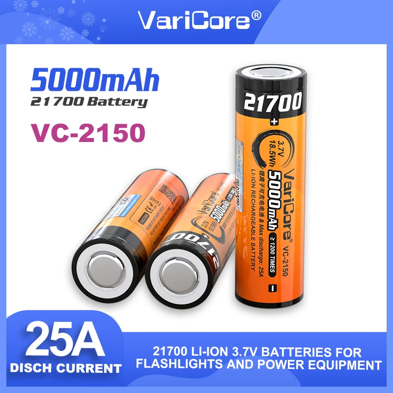

Original VariCore VC-2150 3.7V 5000mAh 21700 25A discharge For Flashinglight High-capacity Lithium Battery