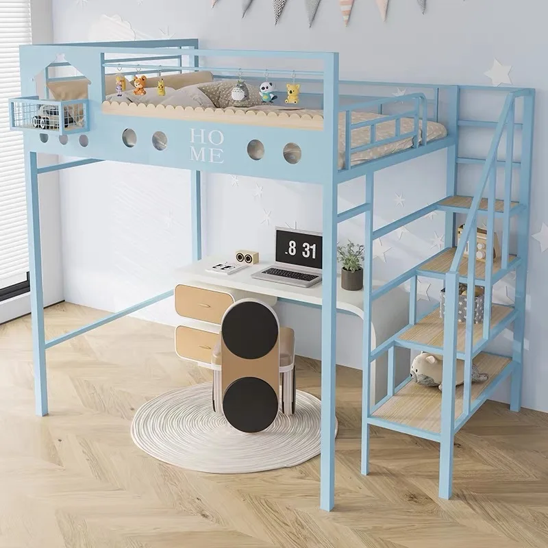 Children's wrought iron elevated bed Iron Small apartment retest attic bed Go to Under table