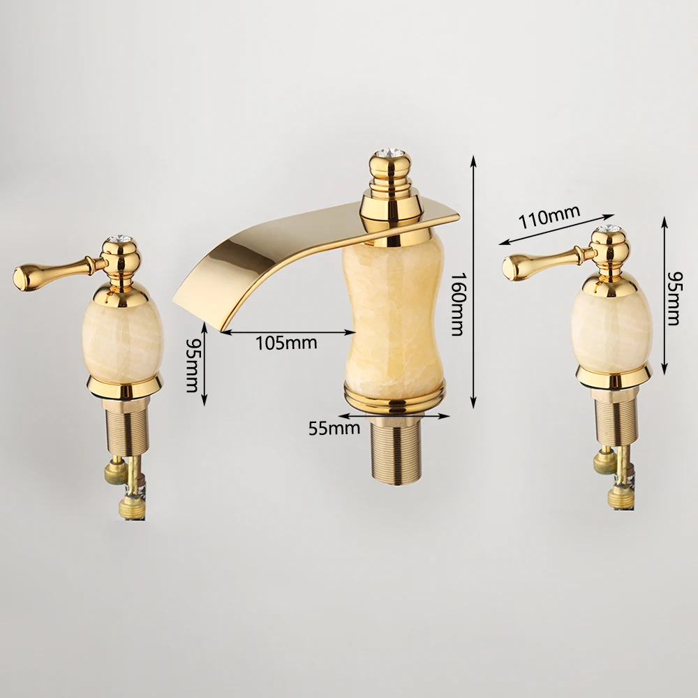 Torayvino Bathroom Gold Plated 3 Pcs 2 Lever Golden And Jade Stone Combo Bathtub Faucet Washasin Sink Deck Mounted Mixer Tap