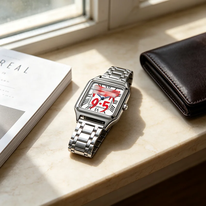 Ladies' Men Square Luxury Watch, Slogan Text on the Large Dial, 30-Meter Water Resistance, Elegant Design, Stainless Steel Strap