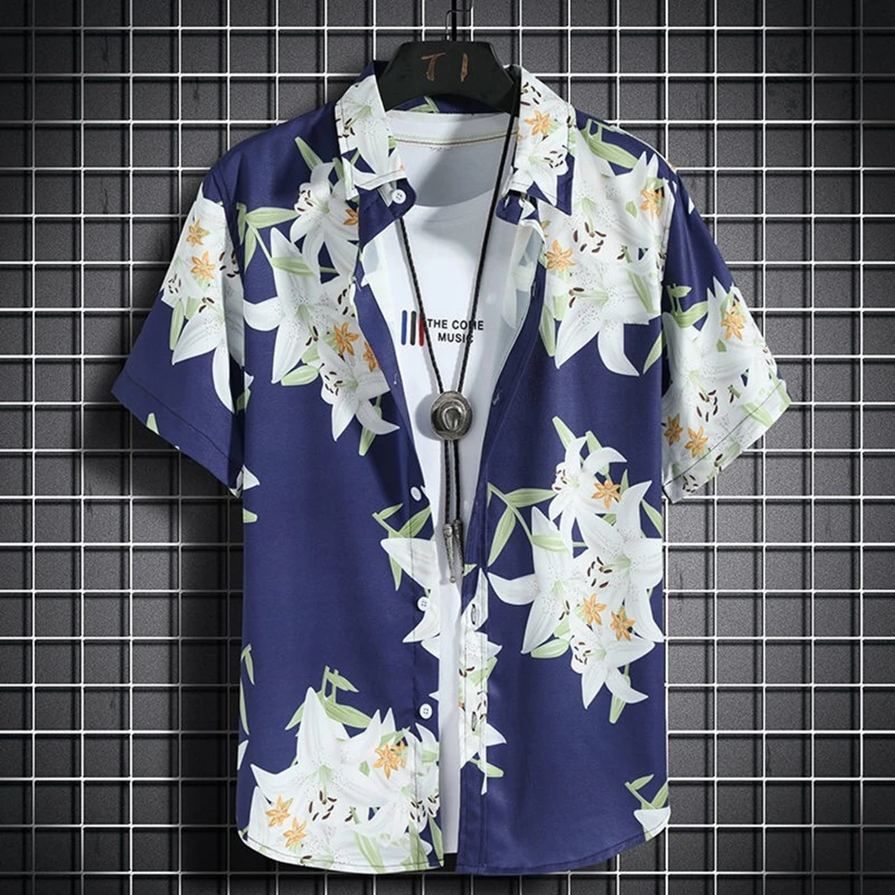 

2024 Casual Men's Shirt Summer Clothing Flower Print Pattern Clothing Vacation Beach Oversized Short Sleeved Top Men's Shirt