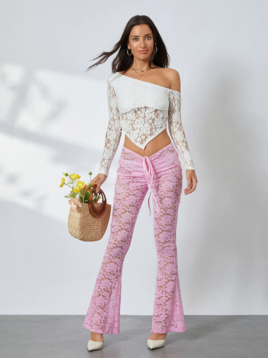 Women Sexy Lace Pants Low Waist Drawstring See-through Slim Fit Casual Flare Pants Long Trousers 2000s Strewear Going Out Pants