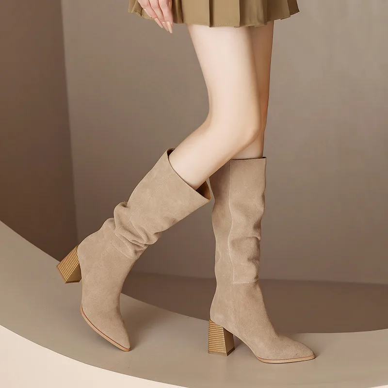 FEDONAS Pointed Toe Thick High Heels Women Knee High Boots Fashion Concise Cow Suede Leather Autumn Winter Party Shoes Woman