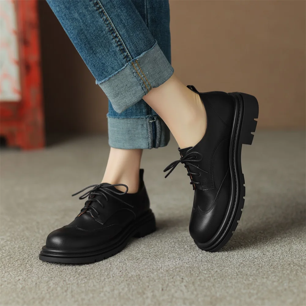 Taoffen Casual Loafers For Women Genuine Leather Solid Square Heel Anti-slip Thick Sole Fashion Round Toe Lace-up Office Shoes