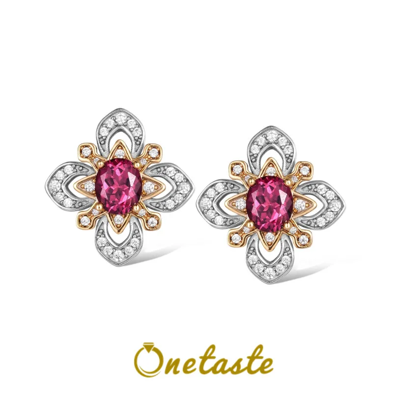 

925 Sterling Silver Two Tone Garnet Cubic Zirconia Diamond Flower Women Stud Earrings Dainty Trendy Earring Party Luxury Gift