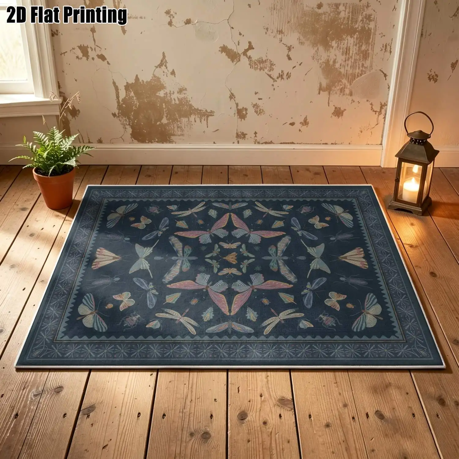 1Pc 2D Printed Velvet Carpet, Blue Insect & Animal Pattern, Nordic Style, Machine Washable, Multi-Size, Perfect for Home Decor, Ideal for Various Indoor Spaces & Entrances
