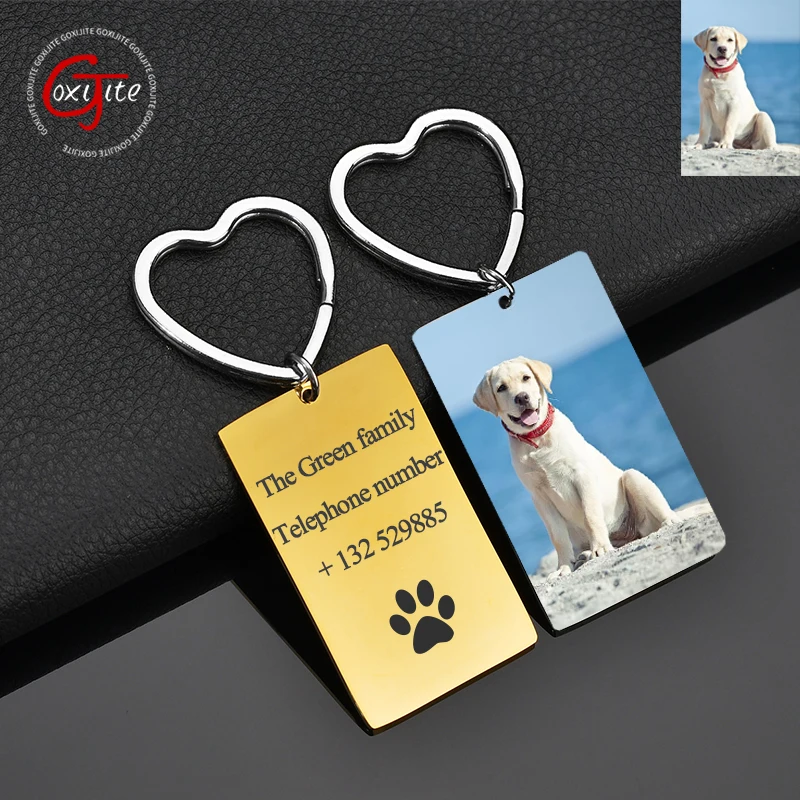 Goxijite Customized Color Photo Keychain Stainless Steel Engrave Date Text Heart Square Keychains For Family Jewelry Gifts