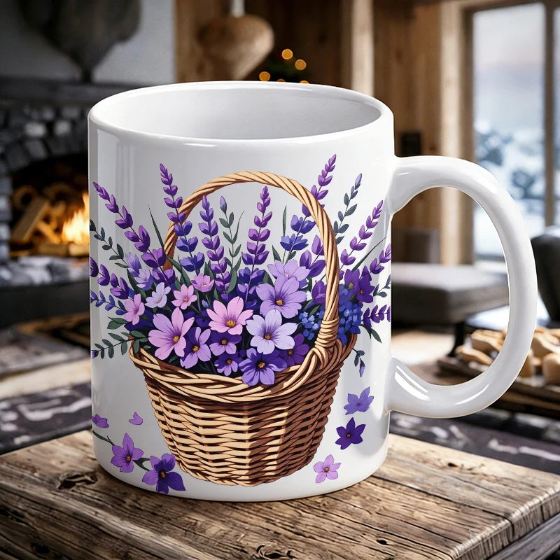 

Vibrant Wicker Basket with Lavender and Purple Flowers printed Mug Coffee Cup Ceramic Cup
