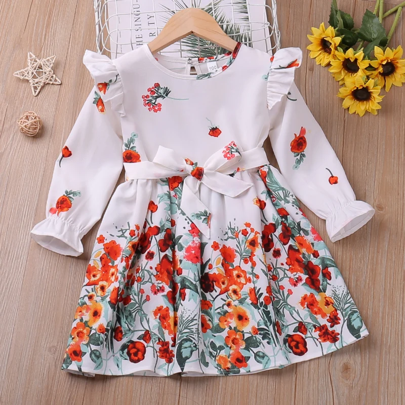 Humor Bear Girls Ruffle Floarl Dress New Autumn Long-Sleeved  Princess Dress Cute Korea Style Children's Costume For 2-6Y