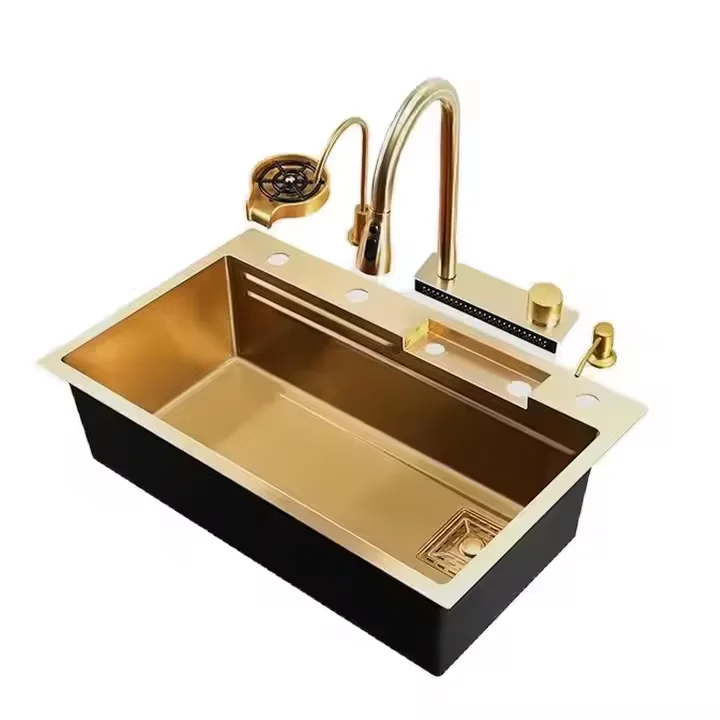 Luxury Smart Gold Stainless Steel Waterfall Sink Vegetable Basin Large Sink Kitchen Thickened Sink
