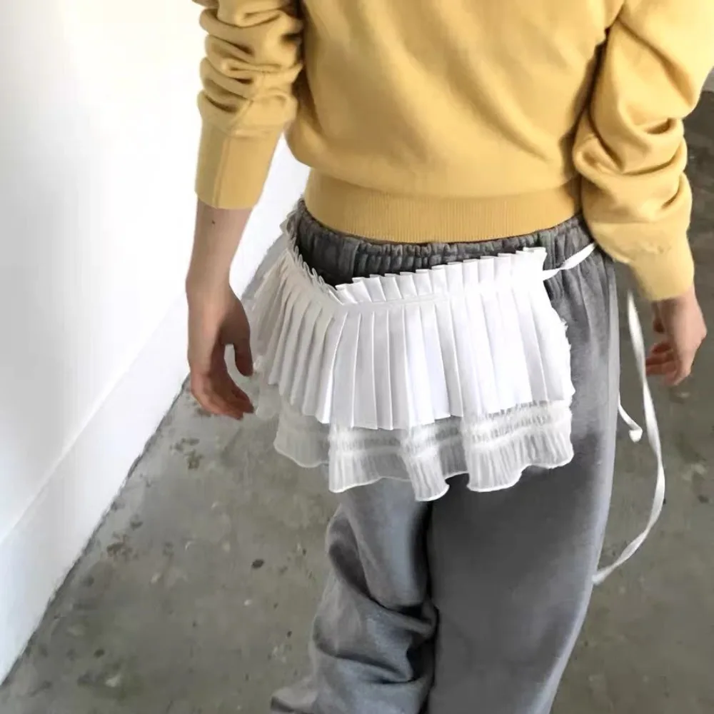 موضة الهيب هوب طبقة وتتسابق مطوي تنورة الحلو شبكة تكدرت حافة حزام Y2K قميص موسع الدانتيل يصل وشاح الورك الجينز ديكور