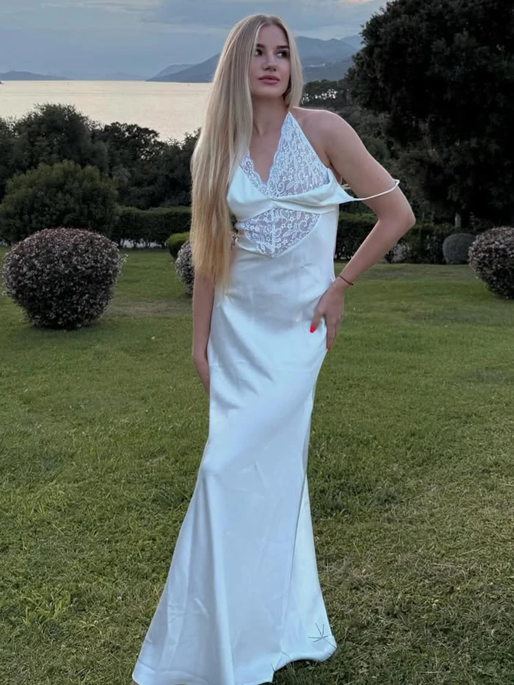 ติ๊กเก็ตส์ เอ็กซ์ วีคอลูกไม้กลวงออกชุดเดรสเกาะอกฤดูร้อนเซ็กซี่เอวสูงบางชุดยาวชายหาดวันหยุดชุดสตรี