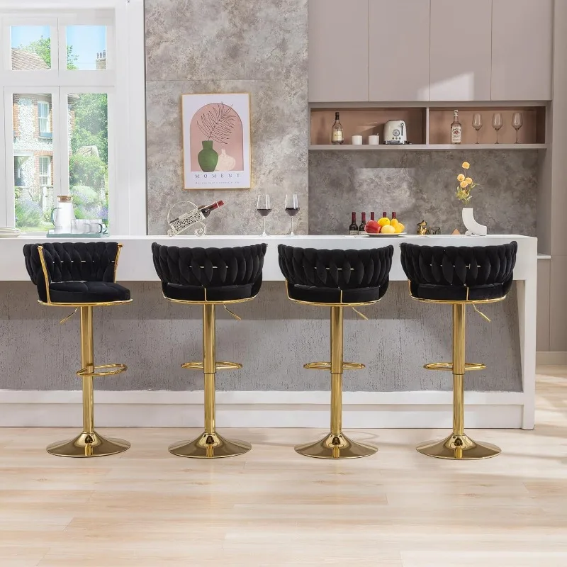 Adjustable Bar Stool Height Stool with Back and Armrests Woven Kitchen Island Stool with Metal Legs and Base 360° Swivel Chair