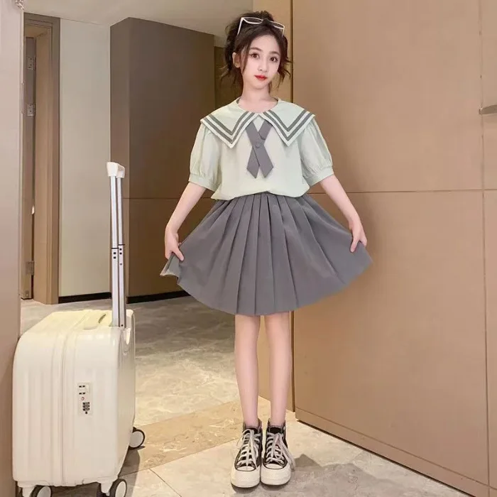 2026 summer American child teenager Girls striped sailor bow Clothes top blouse shirt and JK Pleated Skirt 4 5 7 11 8 10 12 Year