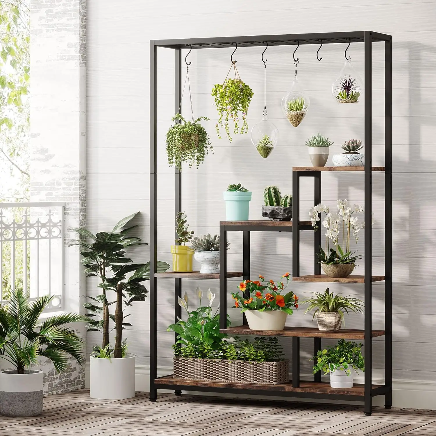 Suporte alto para plantas internas de 5 camadas, prateleira grande de metal para plantas de 70,9 polegadas com 6 ganchos de suspensão, vasos de bonsai de flores multiuso D