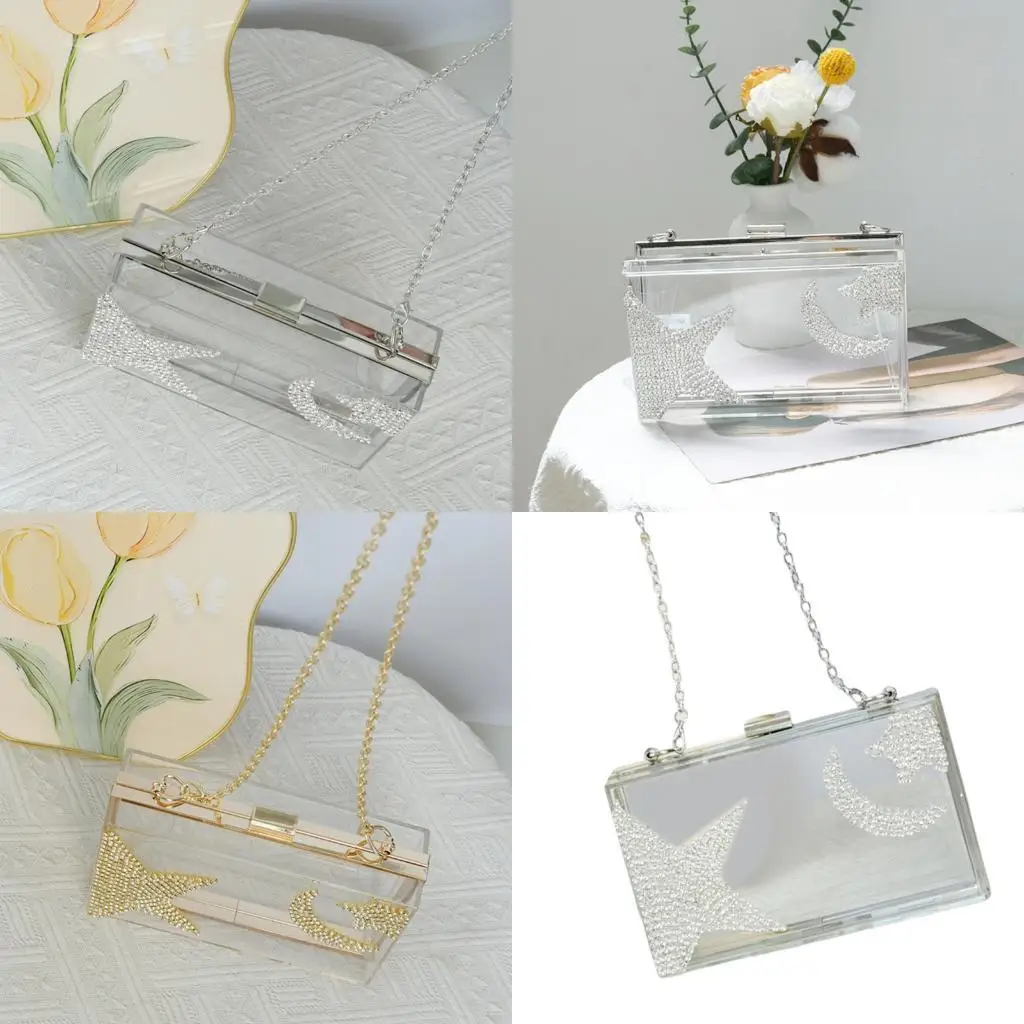 

D46D Elegant Rhinestones Box Evening Bag Chain Shoulder Purse Clear Crossbody Bag