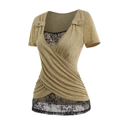 Summer Shirts For Women Tops Crossover Heathered Sheer Lace Faux Twinset Tee Mock Button Short Sleeve T-shirt